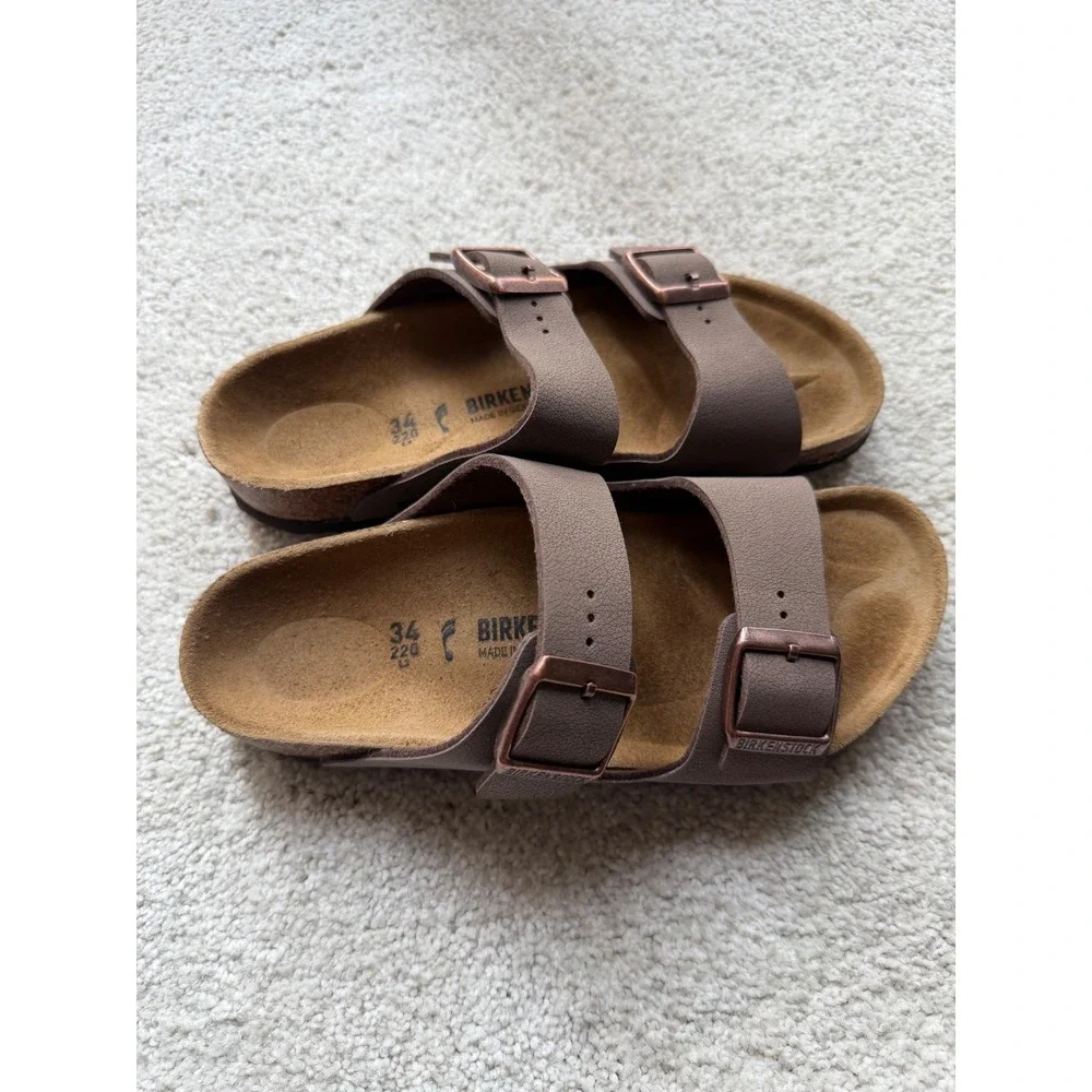 Birkenstock Arizona Sandals 34 L3 Mocha Brown Birko-Flor Two Strap Slides